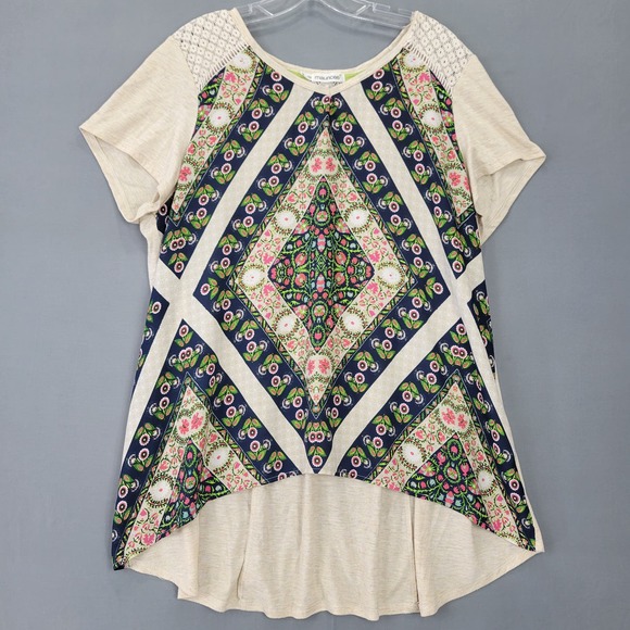 Maurices Tops - Maurices Women Shirt Plus Size 1X Maurices Sizing 2 Tan Boho Floral Cap Sleeves